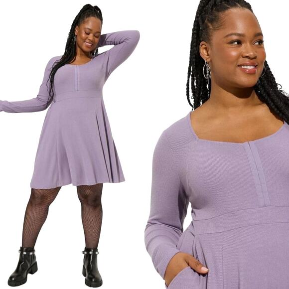 Torrid Waffle Knit Mini Dress Long Sleeve Skater Fit & Flare Scoopneck Purple 2X - Picture 1 of 9